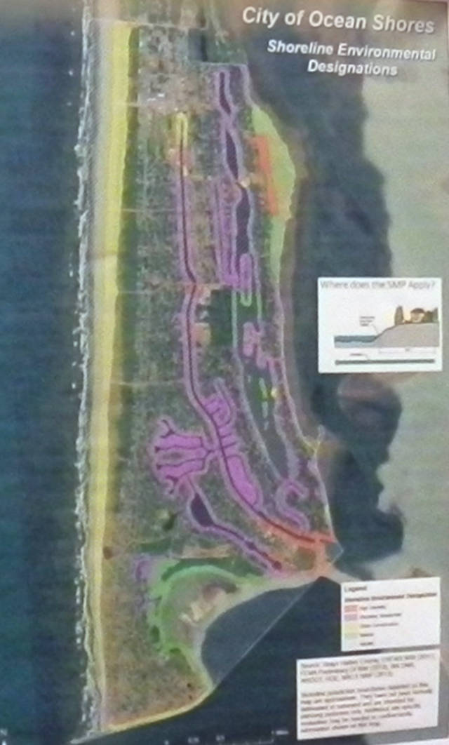 City of Ocean Shores map showing the new Shoreline Management Plan map, with affected properties in purple, green and yellow.