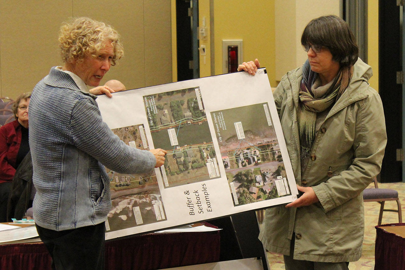 North Coast News Linda Whitcher, left, and Alicia Bridges, show some of the areas that will be affected under the revised Shorelines Management Plan for Ocean Shores.