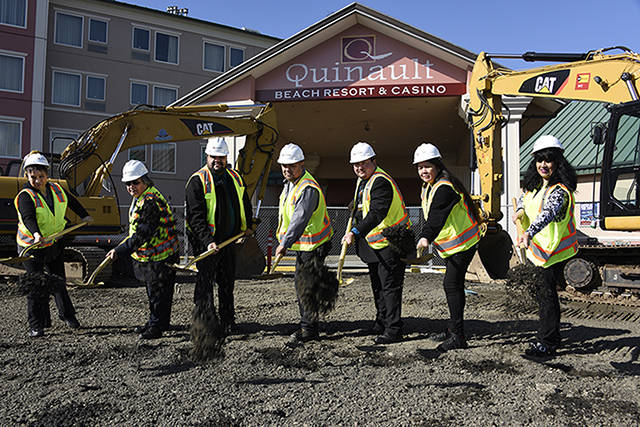 Photo by Larry Workman, Quinault Nation: The Grays Harbor Leadership class from Quinault Indian Nation put shovels to dirt in a ceremonial groundbreaking on Tuesday, Feb. 28. Featured left to right: Dorene Estavillo- Room Supervisor, Frances Napoleon—EDG Manager, Ray Estavillo – Security Director, Aaron Mail – Maintenance Supervisor, Pierre Augare – Casino Host Trainee, Michelle Connally – Bistro Supervisor and Lavonne Morgan – General Ledger Accountant.