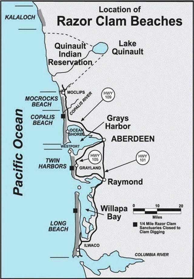 A map of the razor clam beaches open for digging.