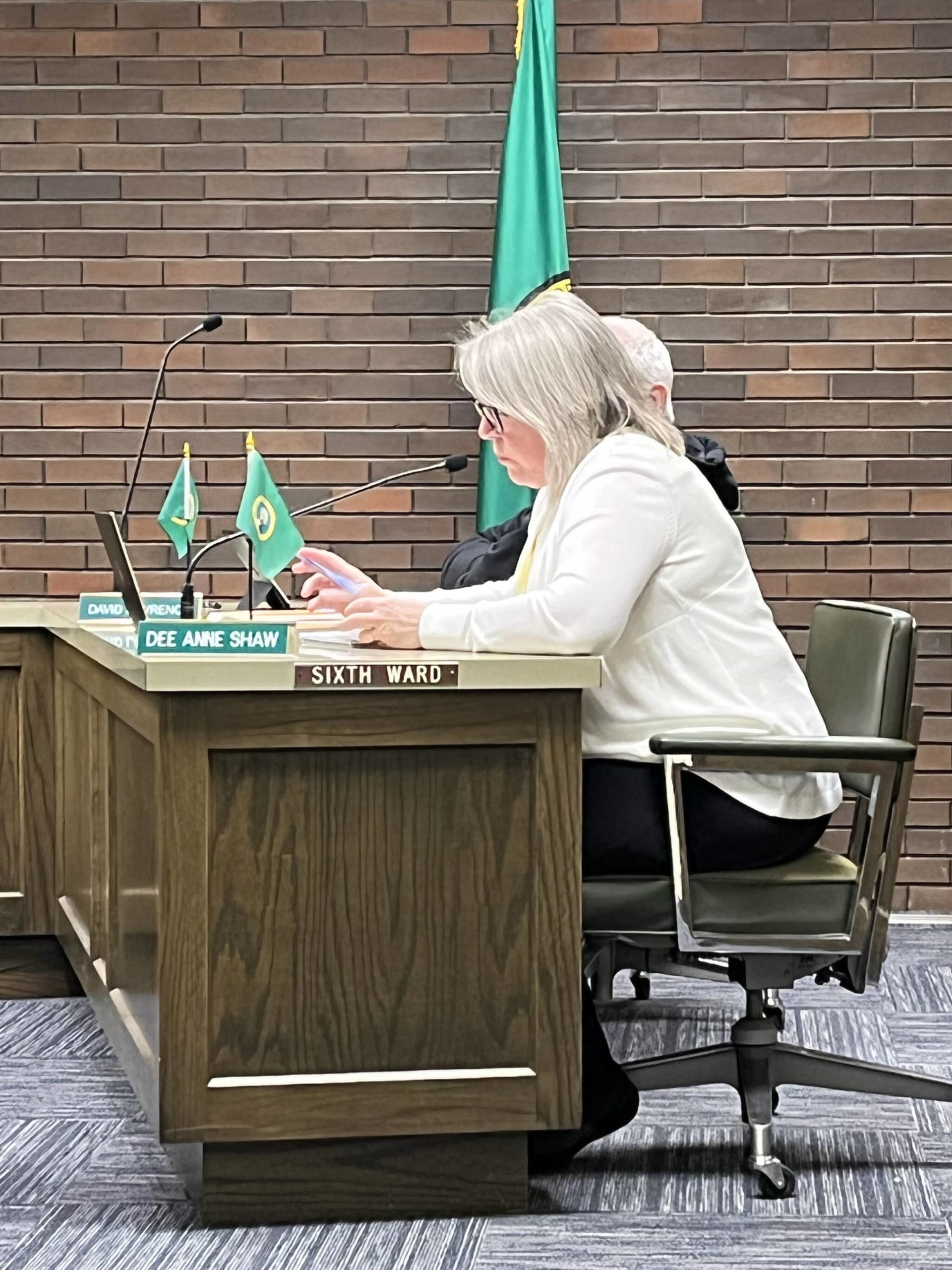 Ward 6 Position 12 Councilperson Dee Anne Shaw talks about how Aberdeen City Council allowing Aberdeen Mayor Pete Schave to sign the contract with Chehalis Valley Timber to sell timber north of Lake Aberdeen will net a larger sum — about $111,000 more — than what was originally budgeted. Schave signed the contract Wednesday night, April 27, 2022 at the Aberdeen City Council meeting inside the council chambers in Aberdeen City Hall. Matthew N. Wells | The Daily World